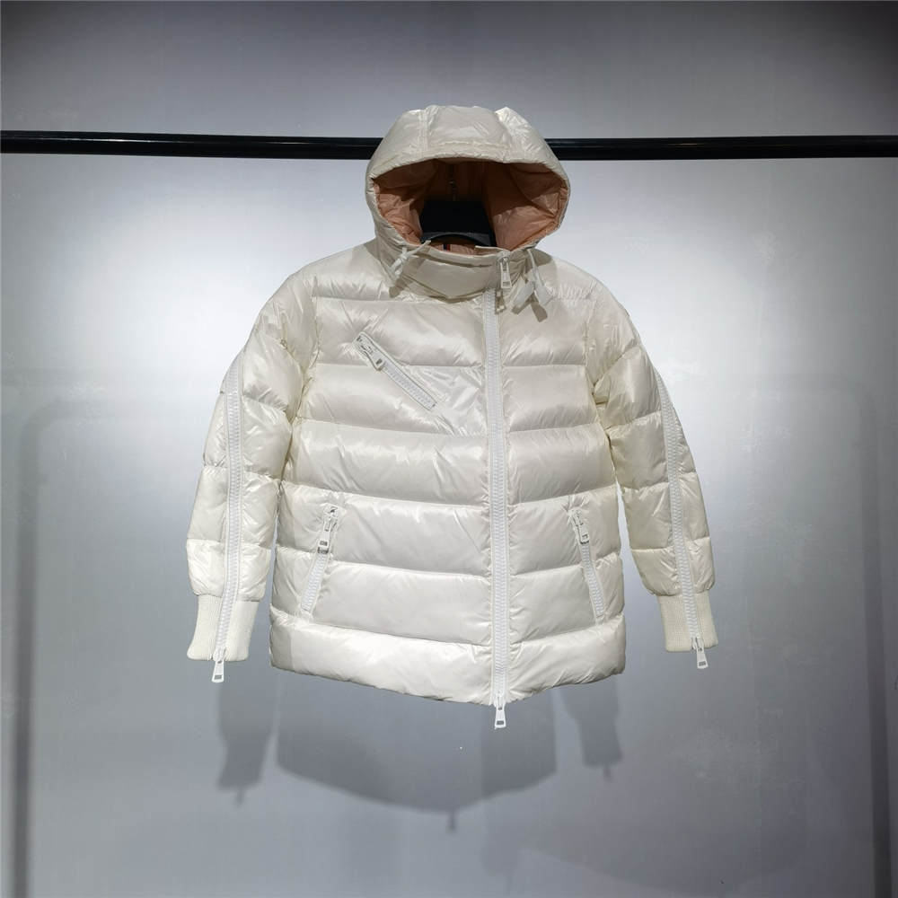 Moncler diagonal zipper down jacket white pink lining