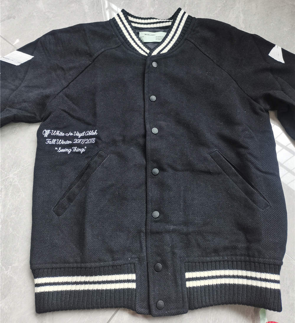 Off-White Black Wool Brushed Print Varsity Bomber Jacket