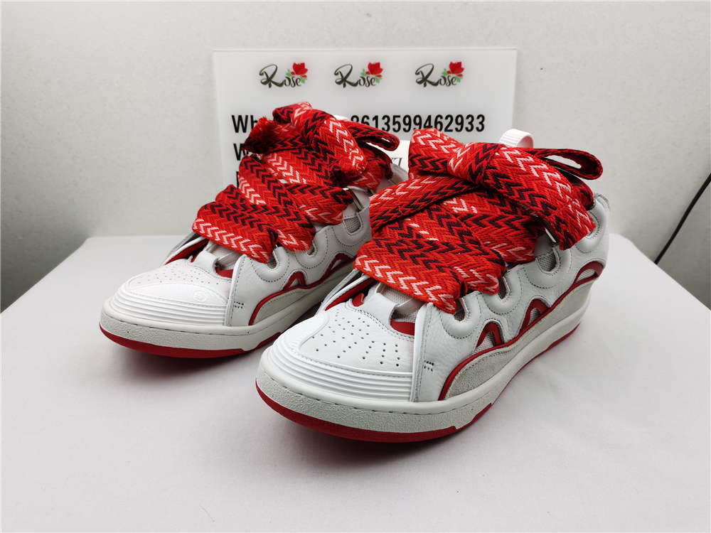 Lanvin Lanvin Leather Curb Sneakers White Red - Click Image to Close
