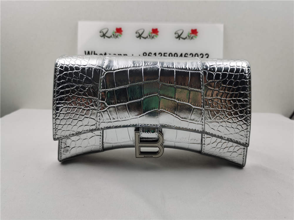 Balenciaga Hourglass Silver Croc Embossed Leather Chain Wallet